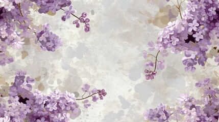  a painting of a bunch of purple flowers on a white and beige background with a black and white stripe at the bottom of the picture.