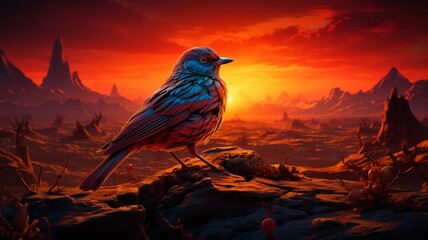 Bird tree magnificent colorful black fantasy illustration sun background Ai generated art