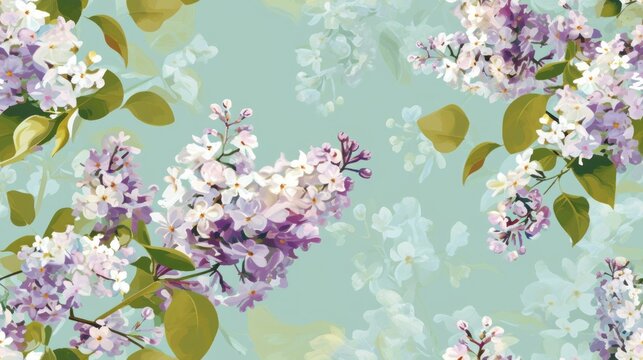  a painting of lilacs and green leaves on a blue background with white and purple flowers on a light green background.
