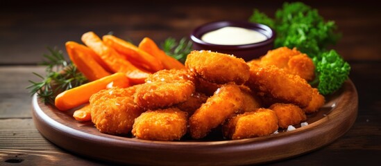 Chicken nuggets served with carrots and sauce for dipping.