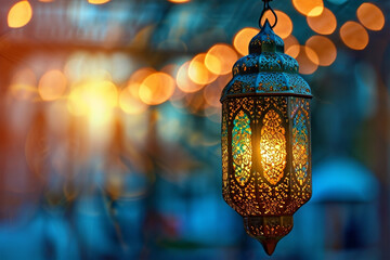 Ornamental Arabic lantern with burning candle in the evening