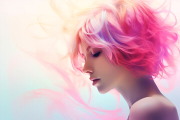 Fototapeta premium Pink hair young woman portrait with digital holografic effect