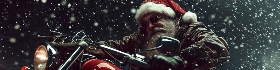 Foto auf Acrylglas Santa Claus riding a motorbike. Funny. merry christmas and happy new year concept © Sophie
