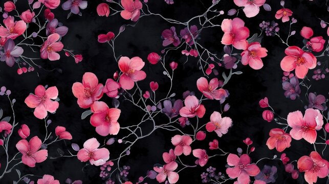 a black background with pink and purple flowers on the left side of the image and a black background with pink and purple flowers on the right side of the left side.