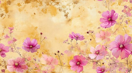  a painting of a bunch of pink flowers on a yellow background with a place for a text or a picture.
