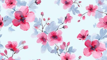  a watercolor painting of pink and blue flowers on a light blue background with pink and blue flowers on a light blue background.