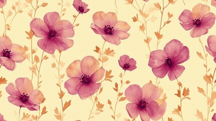  a painting of pink flowers on a yellow background with green leaves on the bottom and bottom of the flowers on the bottom of the picture.