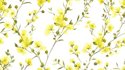  a close up of a yellow flower on a white background with lots of green leaves and yellow flowers on the stems.