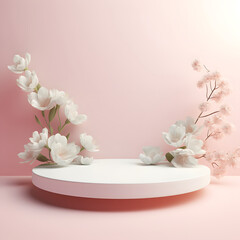 Obraz na płótnie Canvas Podium platform stand for product presentation and spring flowers on pastel pink background. Mock up scene. Business Concept. Advertisement idea.