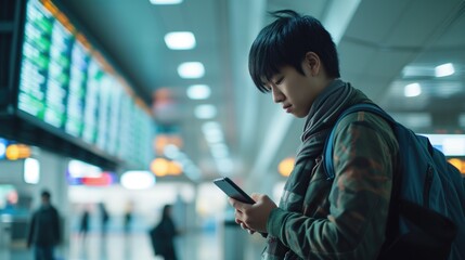 Young asian man in international airport, using mobile smartphone and checking flight at the flight information board, Tourist journey trip concept, generative ai - obrazy, fototapety, plakaty