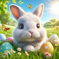 Adorable lapin blanc, drôle avec des œufs en chocolat, peint et coloré pour les fêtes de paques image idéale pour illustrer et célébrer paques - obrazy, fototapety, plakaty