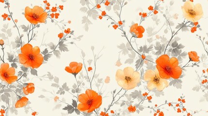 Fototapeta na wymiar a floral wallpaper with orange and gray flowers on a white background with orange and gray leaves and flowers on a white background.