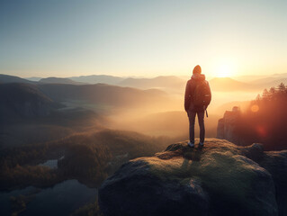 A traveler is looking towards the horizon as the sun rises over a beautiful scenic landscape. The traveler is standing on a cliff. - obrazy, fototapety, plakaty