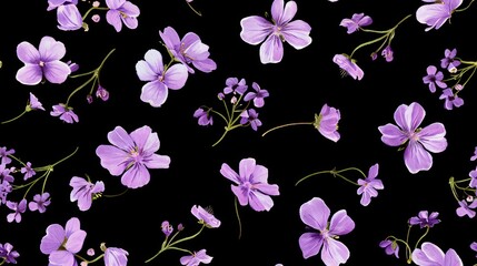  a bunch of purple flowers that are on a black background with a green stem in the middle of the picture.