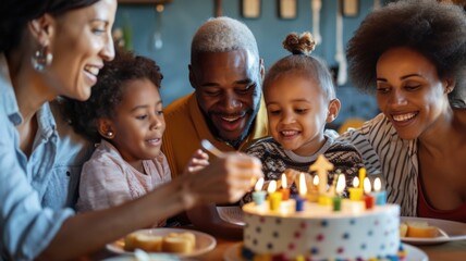 fuzzy festive image of a large family sitting at a table in front of a cake with holidays