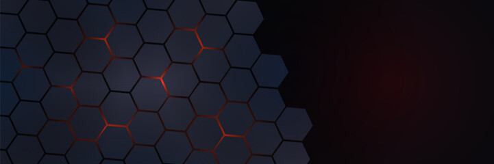 Dark gray and red horizontal hexagonal technology abstract vector background. Red bright energy flashes under the hexagon in a wide banner of futuristic modern technology. vector