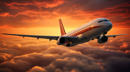 Fototapeta na wymiar airplane is flying in the orange sky, AI Generative.