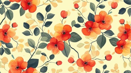  a pattern of red flowers and leaves on a light yellow background with green leaves and red flowers on a light yellow background.