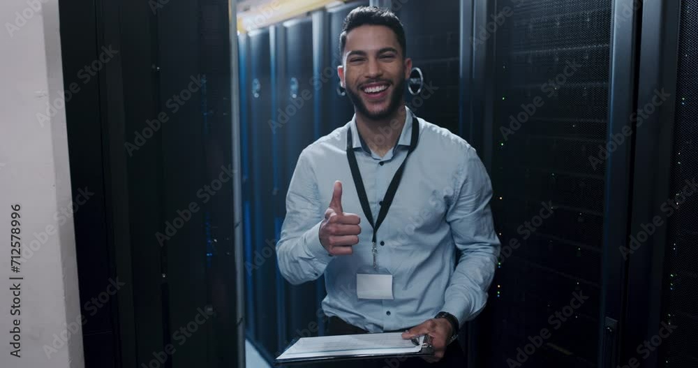 Poster business man, server room and thumbs up for information technology, cybersecurity inspection or gdpr