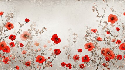 a painting of a bunch of red flowers on a white and grey background with a place for the text on the left side of the image.