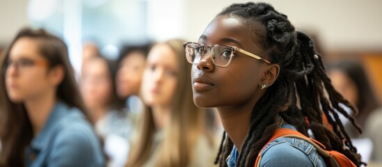 Obraz premium Multiracial students attentively listening to an African American female presenting.