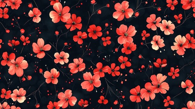  a bunch of red flowers that are on a black and white background with a red dot in the middle of the picture.