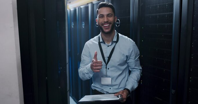 Business man, server room and thumbs up for information technology, cybersecurity inspection or gdpr management. Face of technician writing notes in data center with maintenance checklist and success