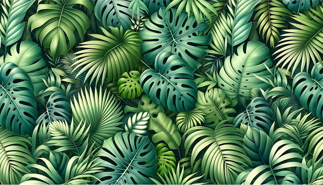 A tropical botanical scene, abundant in various shades of green, featuring a diverse array of foliage and flowers, with a special focus on the iconic Monstera plant. Nature wallpaper background