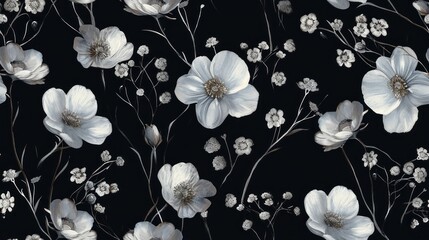  a black and white floral wallpaper with white and gray flowers on a black background with white and gray flowers.