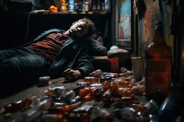 Obraz premium Drunk man lying on the floor and holding a bottle of rum