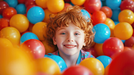 Fototapeta na wymiar Smiling freckled redhead boy submerged in a pool of colorful balls and globes. Celebration, birthday, anniversary concept. Generative Ai.