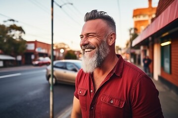 Portrait of a handsome mature man with beard and mustache smiling outdoors