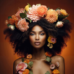 A beautiful black woman with a wreath of flowers on a dark orange background. Illustration for fashion projects, covers and more..