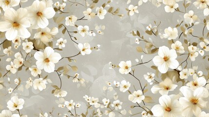  a floral wallpaper with white flowers on a gray background with white and yellow flowers on a light gray background.