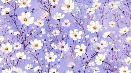  a painting of a bunch of white flowers on a purple background with a little bit of yellow in the middle.