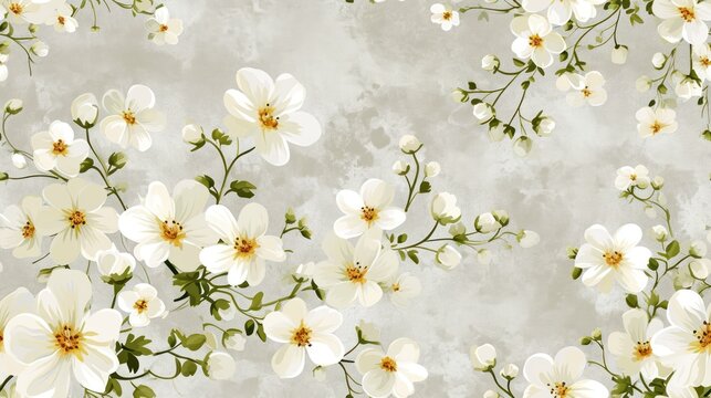  a bunch of white flowers are on a gray and white wallpaper with green leaves and flowers on the side of the wall.