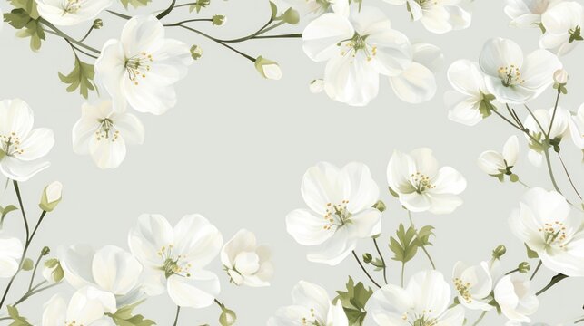  a bunch of white flowers with green leaves on a light gray background with a place for a text or a picture.