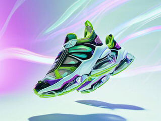 Y2K aesthetic abstract futuristic sneaker, floating in the air, iridescence background