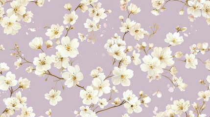 a close up of a flower pattern on a light purple background with small white flowers on a light purple background.