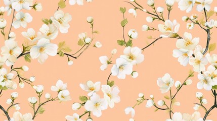  a close up of a flower on a peach background with white flowers and green leaves on a branch of a tree.