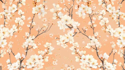  a close up of a pattern of flowers on a peach background with small white flowers on the branches of a tree.