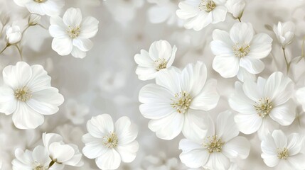  a bunch of white flowers that are on a white and gray background with a black and white photo in the middle of the picture.