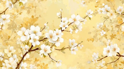  a painting of a branch with white flowers on a yellow background with a pattern of leaves and flowers on the branches.