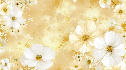  a painting of white and yellow flowers on a yellow and beige background with white daisies and baby's breath.