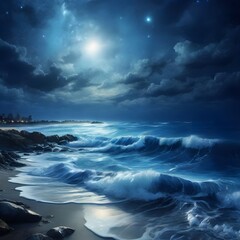 Blue ocean waves stormy weather ocean beach view generative ai illustration - obrazy, fototapety, plakaty