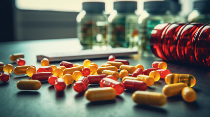 Vibrant Assortment of Red Capsules, Yellow Softgels, and Green Tablets on Doctor's Table - Health and Medicine Concept.