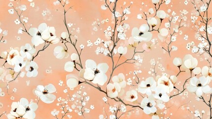  a painting of a branch with white flowers on a peach background with white flowers on a light pink back ground.