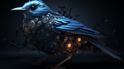 Metal robot blue bird on black background Ai generated art