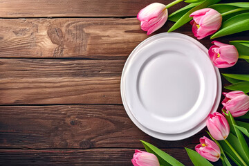 Fototapeta na wymiar table setting. Bouquet of tulips, plates on a wooden table. top view