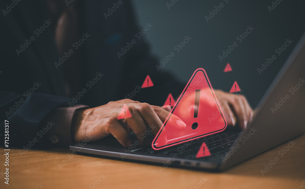 Poster danger system warning hacked alert on computer screen, cyber attack. cybersecurity vulnerability ide
